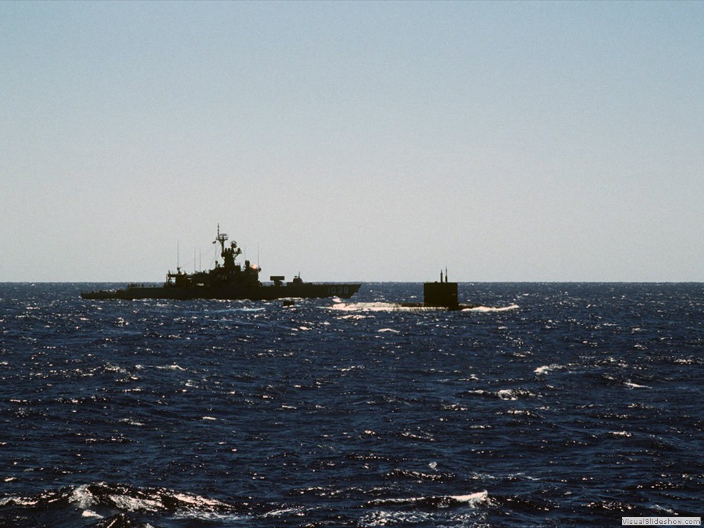 USS Bonefish (SS-582) under escort vy USS McCloy (FF-1038) following a devastating fire in 1988